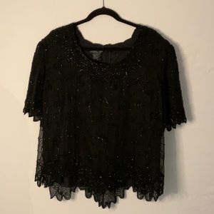 Laurence Kazan 1X black beaded top. Silk outer layer. All beads appear intact.